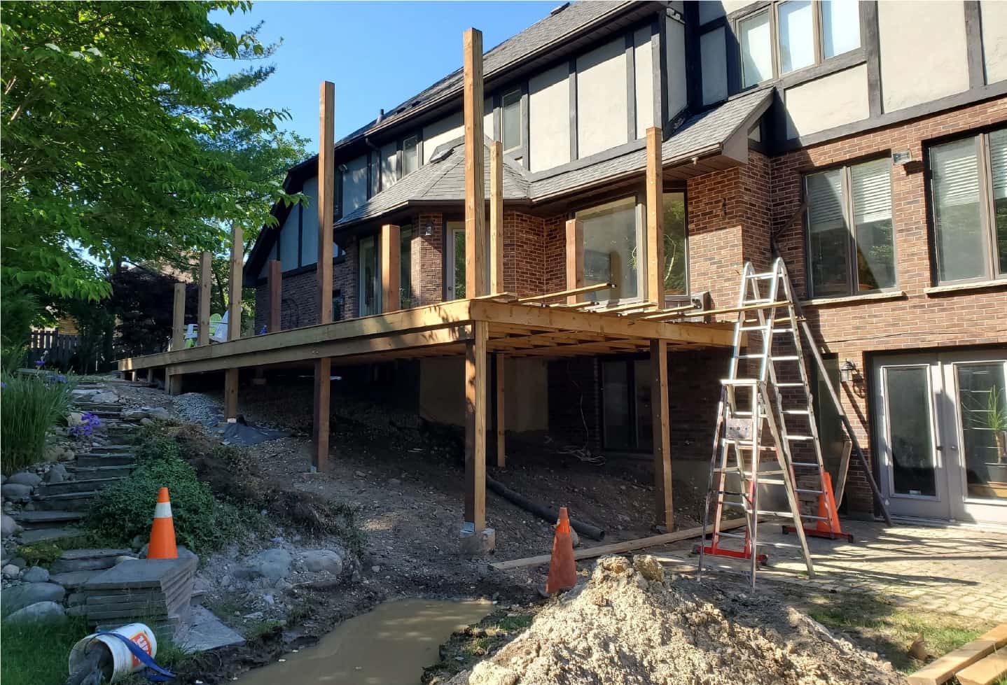 renovation of wood deck with railing, in progress