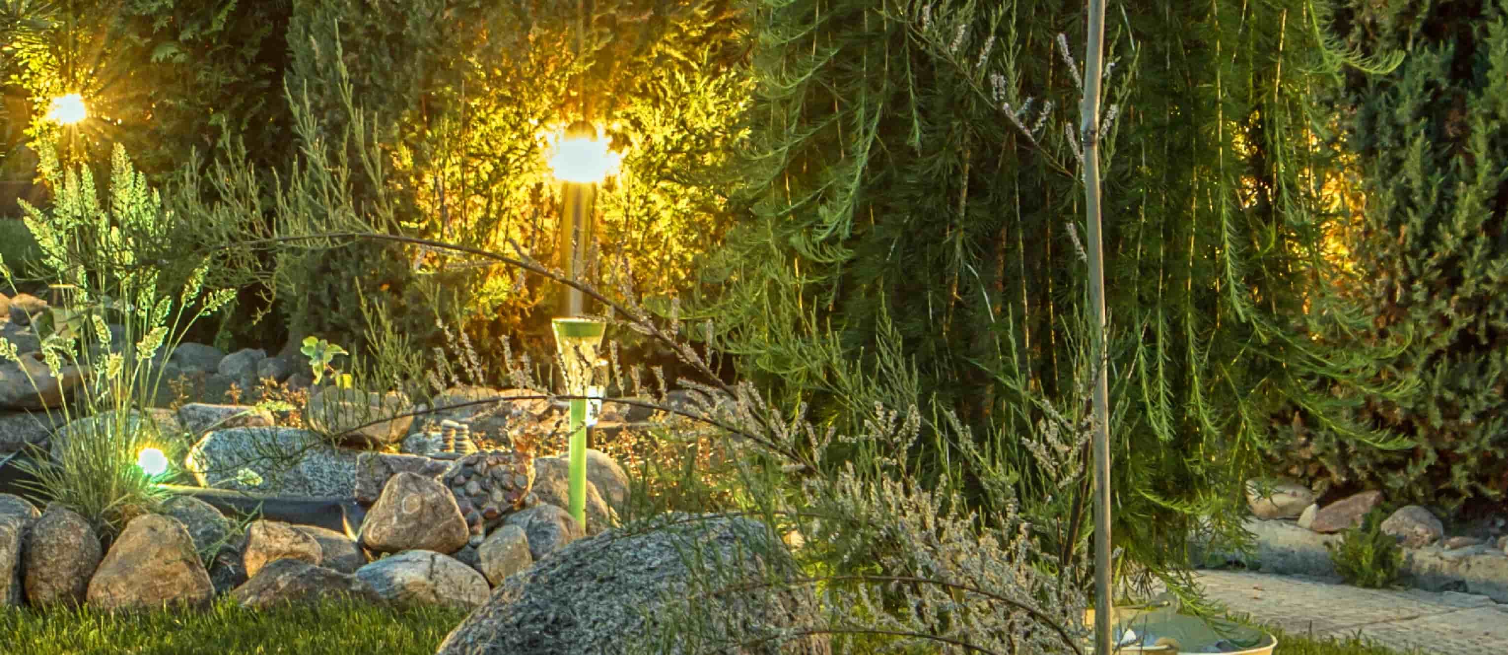 backyard garden at night with lights on landscape installation